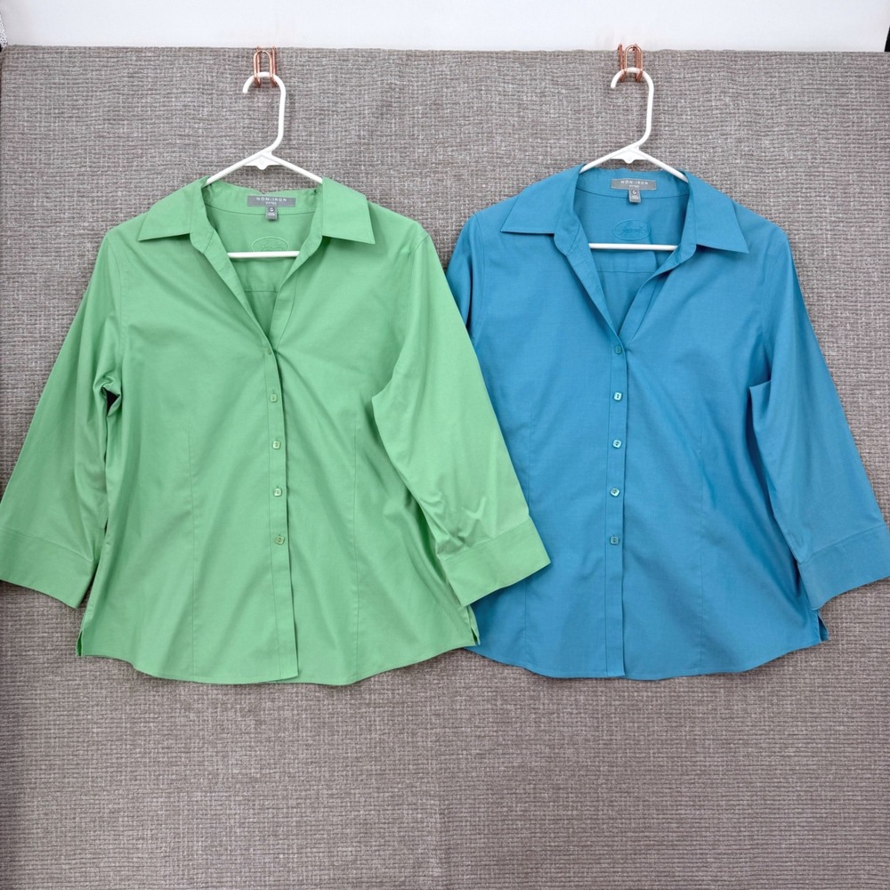 Foxcroft Non-Iron Fitted Button Down Shirts 2pk Blue Green Womens 12P Office